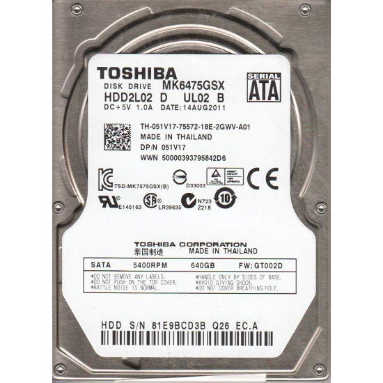 TOSHIBA ARIZALI SATA HARDDİSK 640 GB MK6475GSX